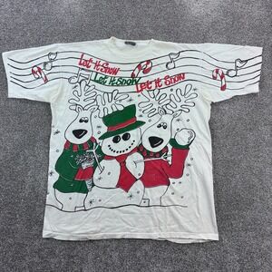 Vintage Christmas Shirt Mens 3XL White Let It Snow Snowman Reindeer Holiday